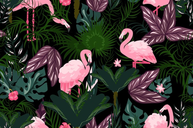 Vecteur fond de flamant rose fond d'écran de dessin animé avec des oiseaux roses exotiques et des feuilles de palmier tropical modèle sans couture de feuillage de jungle flore et faune d'été maquette textile de plantes de forêt tropicale vectorielle