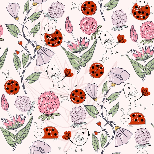 Fond floral avec des oiseaux et des coccinelles