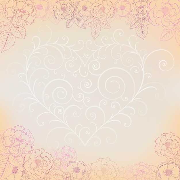 Fond floral avec des roses et un coeur fait de boucles
