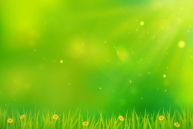 Fond Flou De Printemps Vert Avec De L'herbe, Des Fleurs Et Du Soleil.