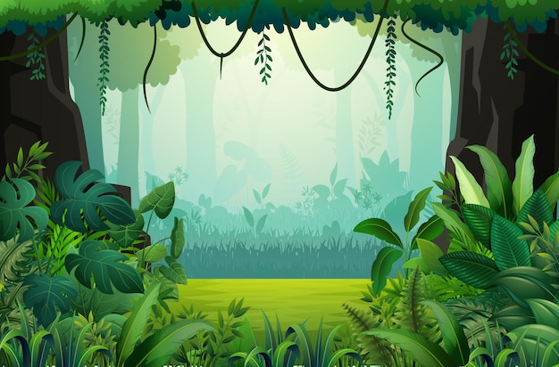 Fond forestier vert avec divers types de plantes
