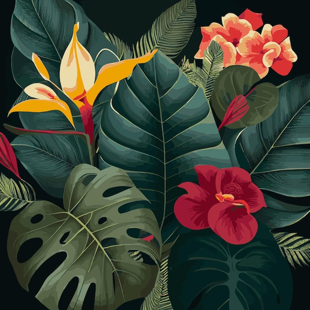Fond de forêt tropicale verte monstera laisse des feuilles de palmier branches Fond de plantes exotiques pour carte postale de décoration de modèle de bannière Feuillage abstrait et fond d'écran botanique