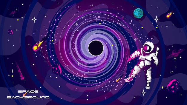 Fond de galaxie de bannière avec des planètes, des comètes, des étoiles.