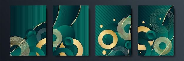 Fond géométrique abstrait moderne simple vert foncé et paillettes d'or avec concept de rayures 3d. Fond vert foncé et or abstrait de luxe ondulé. Élément de conception graphique.