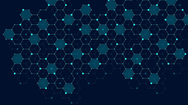 Vecteur fond de grille abstraite d'hexagones avec des lignes et des points connectés. motif numérique hexagonal avec des polygones subtils. texture géométrique linéaire. illustration vectorielle hexagonale.