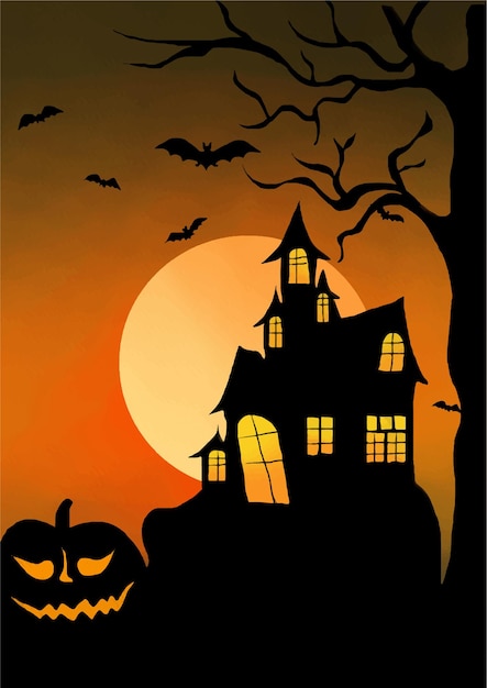 Vecteur fond d'halloween carte d'halloween avec maison hantée citrouille et modèle d'invitation à la pleine lune