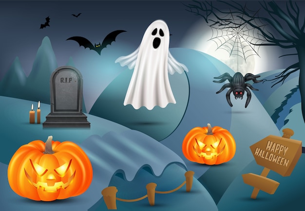 Fond D'halloween Heureux Avec Citrouille, Fantôme, Pierre Tombale, Araignée. Illustration 3d