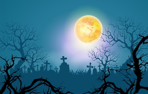 Fond d'Halloween heureux, forêt fantasmagorique avec des arbres morts et le clair de lune