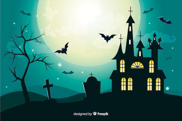 Fond D'halloween Plat Avec Maison Hantée En Pleine Lune