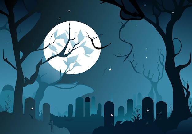 fond d'Halloween avec de vieilles pierres tombales de cimetière arbres sans feuilles effrayants