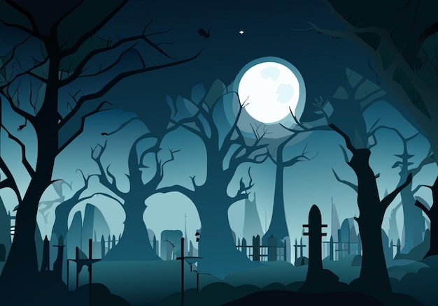 fond d'Halloween avec de vieilles pierres tombales de cimetière arbres sans feuilles effrayants