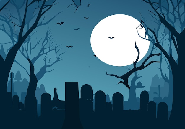 fond d'Halloween avec de vieilles pierres tombales de cimetière arbres sans feuilles effrayants