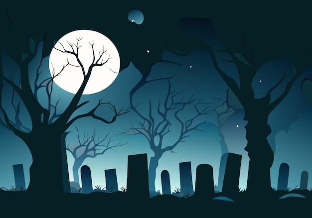 fond d'Halloween avec de vieilles pierres tombales de cimetière arbres sans feuilles effrayants