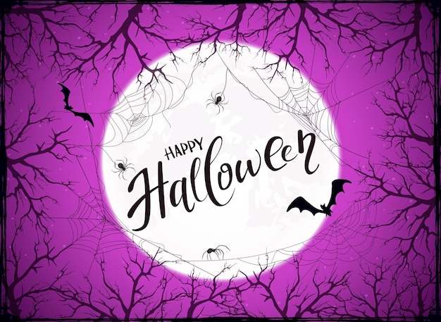 Vecteur fond d'halloween violet avec des araignées sur fond de lune