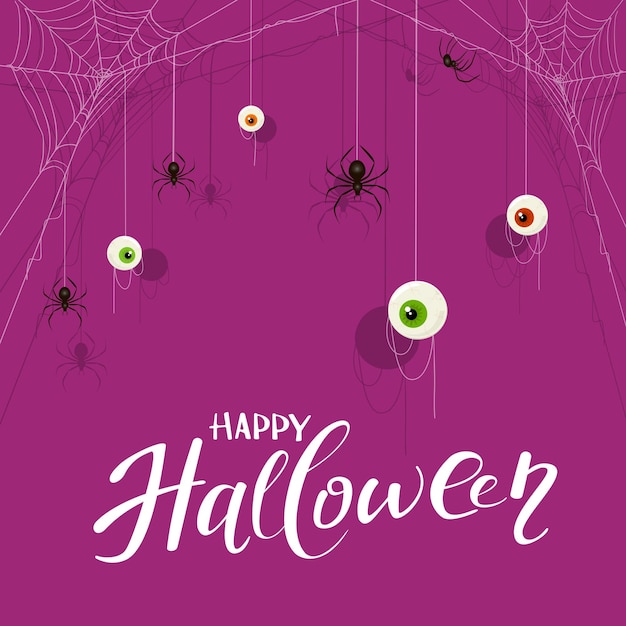 Fond d'Halloween violet avec des yeux et des araignées
