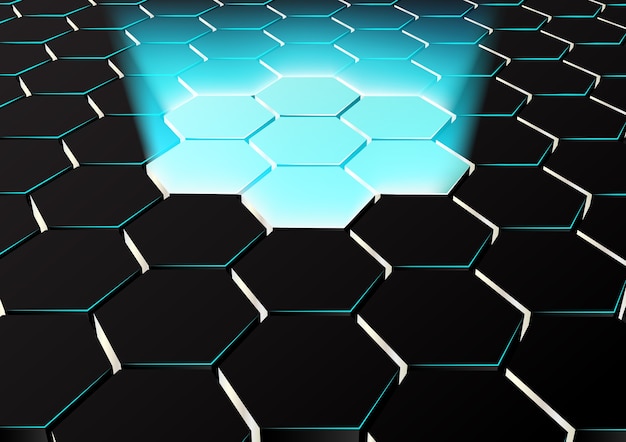 Vecteur fond hexagonal en perspective avec des lumières bleues