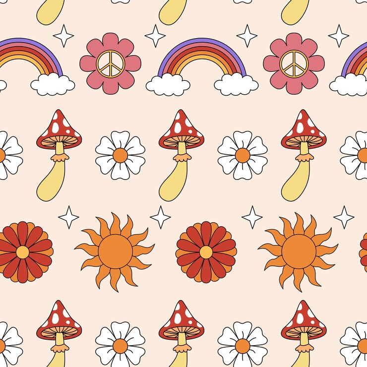 Vecteur fond hippie modèle sans couture rétro des années 70 avec des symboles positifs