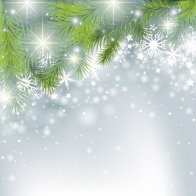 Fond d'hiver avec des branches d'arbres de Noël et des flocons de neige