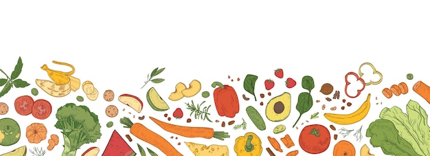 Vecteur fond horizontal avec bordure composée d'aliments biologiques frais