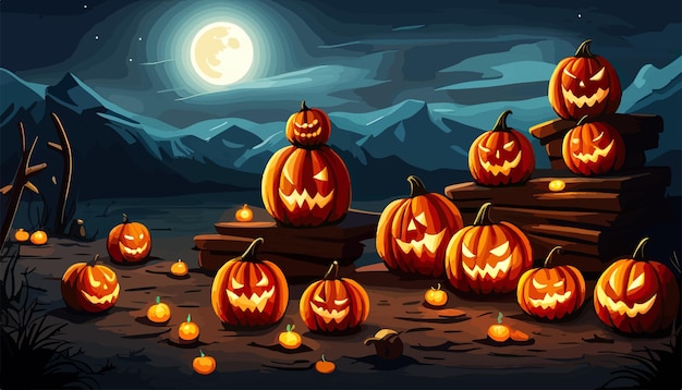 Vecteur fond d'horreur de scène d'halloween avec des citrouilles effrayantes nuit hantée d'halloween avec vecteur de pleine lune