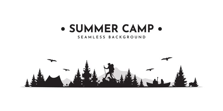 Fond d'illustration vectorielle continue de camp d'été Scène sans couture d'aventure en plein air avec homme de feu de camp de montagne et fille avec guitare en canoë
