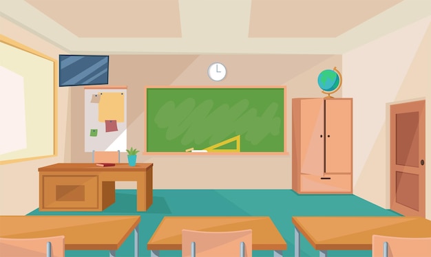 Vecteur fond intérieur de salle de classe moderne salle de classe vide avec chaises tables armoire tableau globe tv fenêtres et portes en style cartoon