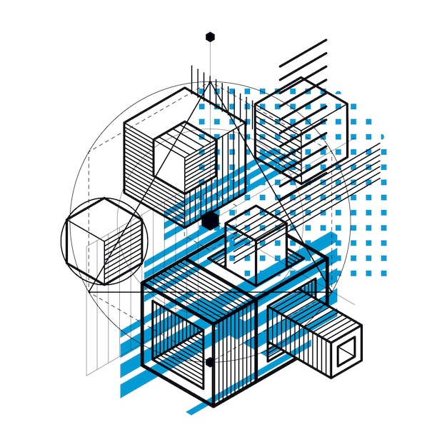 Fond isométrique abstrait, disposition vectorielle 3D. Composition de cubes, hexagones, carrés, rectangles et différents éléments abstraits.