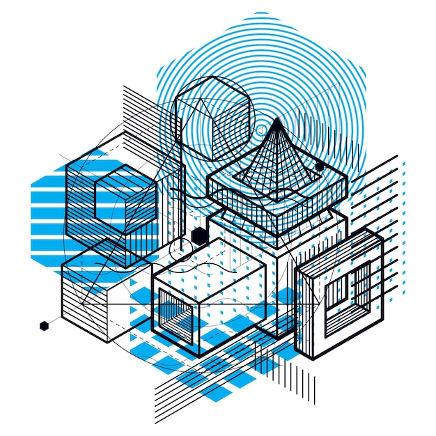 Fond Isométrique Abstrait, Disposition Vectorielle 3d. Composition De Cubes, Hexagones, Carrés, Rectangles Et Différents éléments Abstraits.