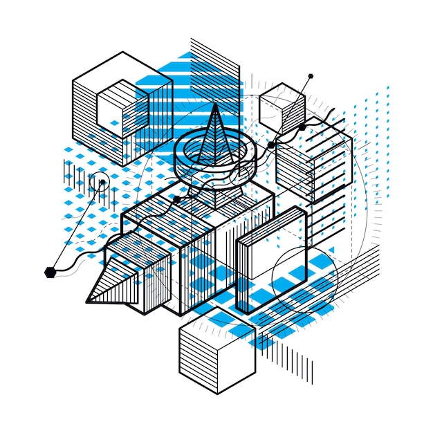Fond isométrique vectoriel abstrait 3d. Disposition des cubes, hexagones, carrés, rectangles et différents éléments abstraits.