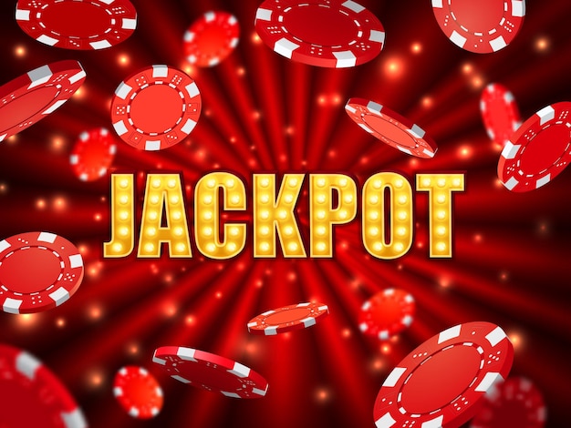 Fond De Jackpot De Casino Avec Des Jetons De Jeu Volants Affiche De Vecteur De Jeu De Poker Avec Lumière Dorée