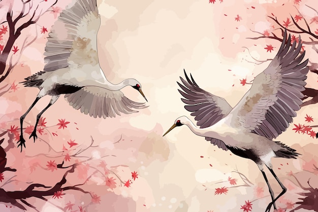 Fond japonais avec des oiseaux de grue de texture aquarelle vectorIllustration vectorielle de style japonais minimaliste oriental traditionnel