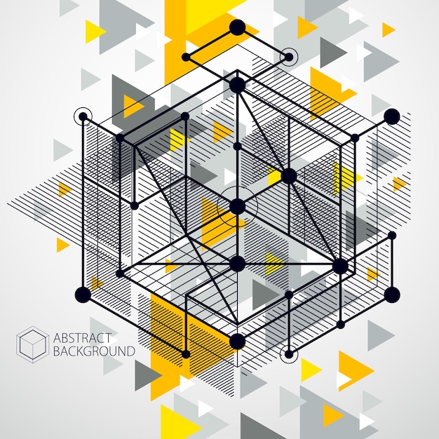 Fond jaune abstrait de vecteur créé dans le style de lignes de maillage isométrique. Schéma mécanique, dessin d'ingénierie vectoriel avec pièces de cube et de mécanisme. Arrière-plan parfait pour vos projets de conception