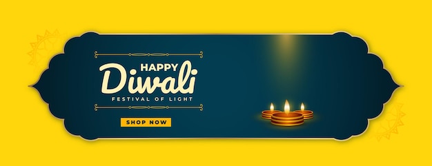 Fond jaune joyeux diwali avec lampes à huile et bannière web à effet de lumière