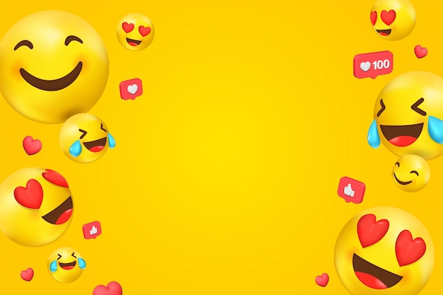 Vecteur fond jaune avec des visages emoji 3d avec des yeux souriants et un grand sourire riant aux larmes et à l'amour