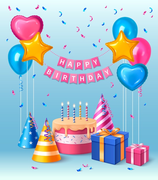 Fond de joyeux anniversaire avec des éléments décoratifs réalistes