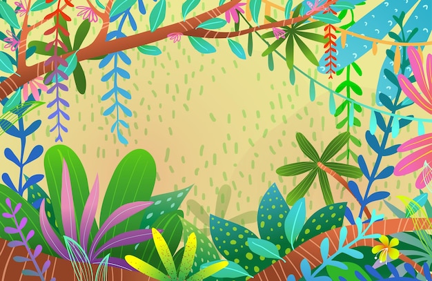 Fond De Jungle Exotique Lumineux Et Coloré Pour Les Enfants Illustration Vibrante Et Ludique De La Nature De La Forêt Tropicale Africaine Papier Peint Complexe Pour Les Enfants Conception Vectoriel Dessin Animé De Fond Tropical