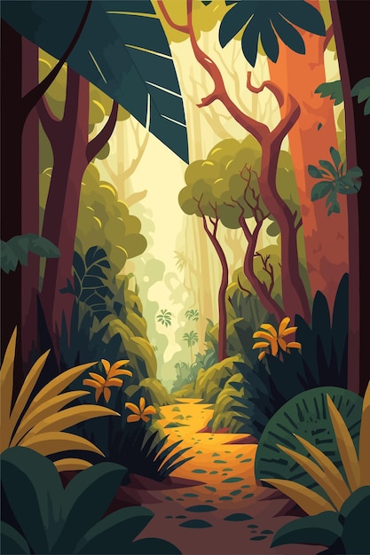 Vecteur fond de jungle illustration de dessin animé de couleur plate vectorielle jungle lumineuse le matin