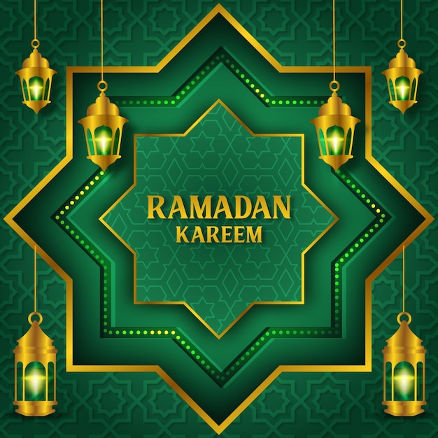 Fond De Kareem Ramadan Islamique Vert Et Or Réaliste Avec Des Lanternes