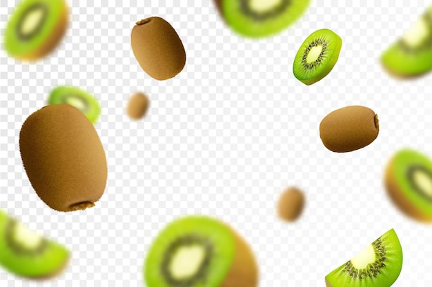 Fond de kiwi Volant entier et la moitié des kiwis avec effet flou défocalisé Peut être utilisé pour le papier peint bannière affiche impression tissu papier d'emballage 3d conception vectorielle réaliste