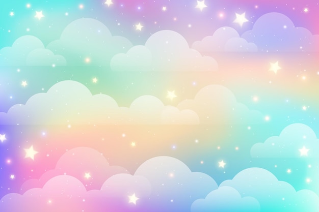 Fond de licorne arc-en-ciel avec nuages étoiles Ciel de couleur pastel Paysage magique motif fabuleux