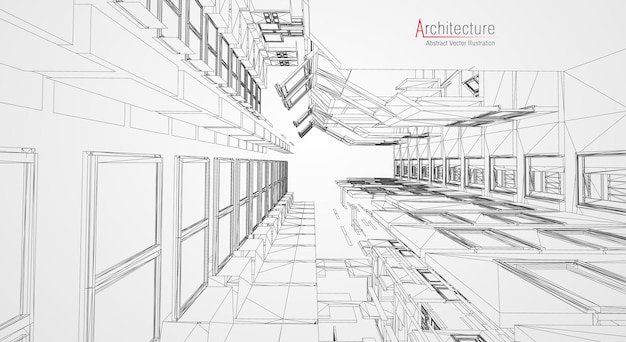 Vecteur fond de ligne d'architecture. résumé de vecteur de croquis de construction de bâtiment. projet 3d de ville moderne. grille géométrique de la technologie. maison de plan de fil. wireframe d'innovation d'architecte numérique.