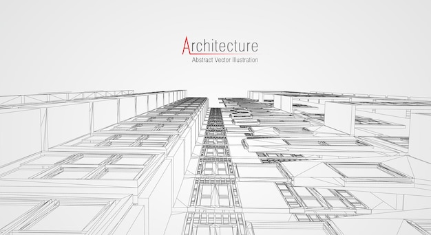 Fond de ligne d'architecture. Résumé de vecteur de croquis de construction de bâtiment. Projet 3d de ville moderne. Grille géométrique de la technologie. Maison de plan de fil. Wireframe d'innovation d'architecte numérique.