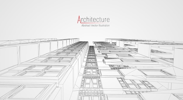 Fond de ligne d'architecture. Résumé de vecteur de croquis de construction de bâtiment. Projet 3d de ville moderne. Grille géométrique de la technologie. Maison de plan de fil. Wireframe d'innovation d'architecte numérique.