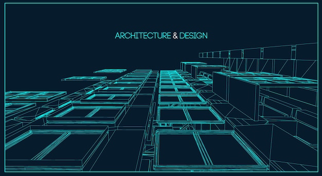 Fond de ligne d'architecture. Résumé de vecteur de croquis de construction de bâtiment. Projet 3d de ville moderne. Grille géométrique de la technologie. Maison de plan de fil. Wireframe d'innovation d'architecte numérique.