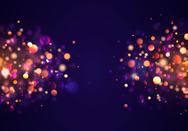 Fond lumineux violet et doré festif avec des lumières colorées dorées bokeh. Concept de Noël Carte de voeux de Noël. Affiche de vacances magiques, bannière. Nuit or brillant scintille Résumé de lumière