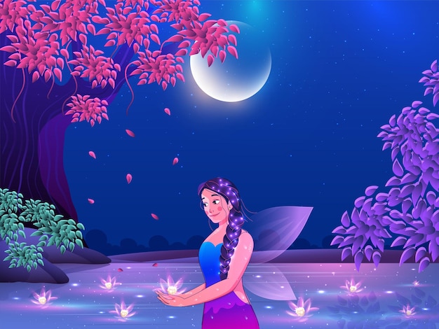 Vecteur fond de lune de forêt magique avec fée fille tenant une fleur de lotus sur la surface de l'eau