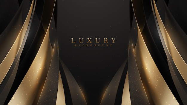 Fond de luxe noir avec des éléments courbes dorés et une décoration à effet de lumière scintillante