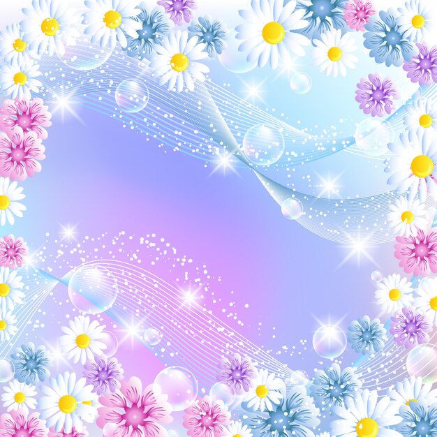 Vecteur fond magique floral avec des bulles et des fleurs colorées carte de vœux