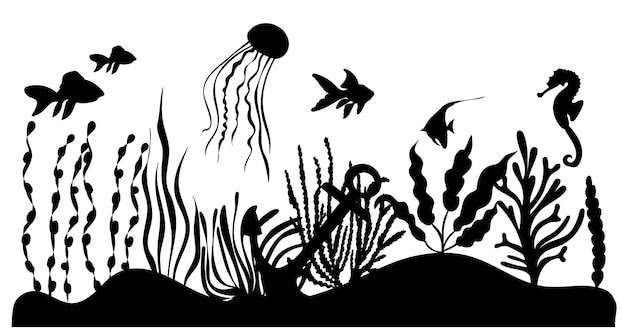 Vecteur fond de la mer, océan, algues, silhouette de poisson