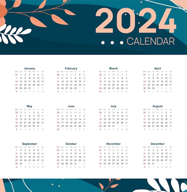 fond de modèle de calendrier annuel 2024 avec décoration florale